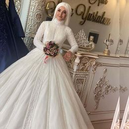 2021 High Neck Muslim Wedding Dresses with Long Sleeves Luxury Beading Sweep Train Lace Applique Custom Made Plus Size Wedding Gown vestido