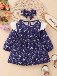 Baby Floral Print Eyelet Embroidery Ruffle Trim Dress With Headband SHE
