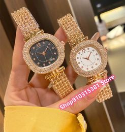 Famous Womens Geometric square watches Rose Gold Stainless steel Quartz Wristwatch Ladies Dress crystal diamond clock 33mm