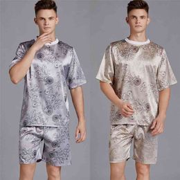 2pcs Men Pajama Set Print Satin Men Pajamas Suit Short Sleeve Shorts Silk Pyjama Man Sleepwear Spring Pajama Male Nightgown 210901