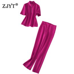 Summer Runway Designer Two Piece Set Women Outfit Fashion Short Sleeve Solid Top and Trousers Suit Party Work Wear 210601
