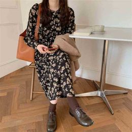 Women French Retro Dress Floral Printing Long Sleeves Sashes Gentle Elegant Chic Female Fashion Clothe 210525