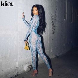 kliou fashion pattern Print Mesh Spliced Two Piece Set Women Long Sleeve See Through Bodysuit leggings slim 2 Piece Outfit 210714