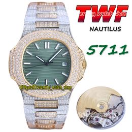 TWF 5711 PP324 A324 Automatic Mens Watch Paved Diamonds Version Green Dial Stick Fully Iced Out Diamond Stainless Steel Two Tone Bracelet eternity Jewellery Watches