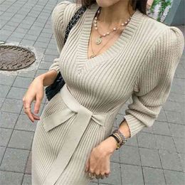 Autumn Korean Fashion Lace Up Knitted Dress V-neck Slim Bodycon Side Split Long Sweater 210603