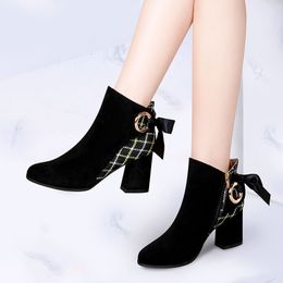2021 Winter Shoes Women Ankle Boots Back Ribbon bow High Heels Booties Flock Plaid Cross-tied Dress Shoe Retro botas mujer 8569N