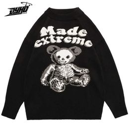 Mens Oversized Sweater Bear Skeleton Knitted Sweater Autumn Vintage Streetwear Retro Pullover Women Cotton Knitwear Unisex 210929
