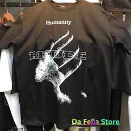Rhude Humanity T-shirt Men Women Summer Gesture Print Tee High Quality Short Sleeve Back Rh Mark VLRQ