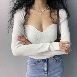 Autumn Full Solid Upper Garment Women's Short Style Stretch Square Collar Slim Sexy Thin Sweater Women 210615