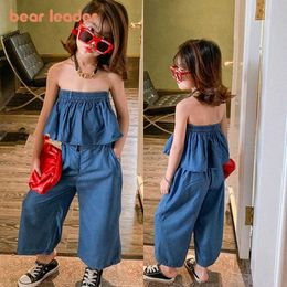 Bear Leader Girls Summer Fashion Clothing Sets Korean Style Shoulderless Vest Loose Pants Outfits For Kids Cute Clothes 210708
