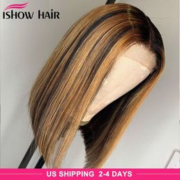 Ishow Brazilian Straight Highlight Bob Wig 4x4 Lace Closure Human Hair Wigs 4/27 Ombre Brown Natural Color Lace Front Wig for Women Girls 8-14inch All Ages