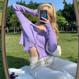 Spring Autumn Women's Long-Sleeved Knit Cardigan Purple Tops Korean V-Neck Short Sunscreen Chic Sweaters GD375 210914