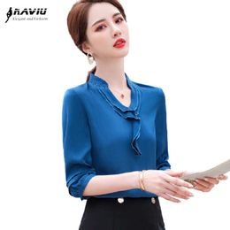 Blue Shirt Women V Neck Design Summer Fashion Temperament Half Sleeve Chiffon Blouses Office Ladies Work Tops 210604