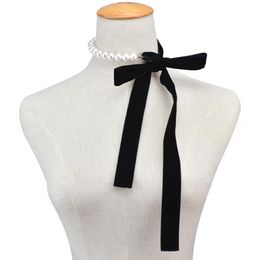 Fashion Sweet Black Velvet Bow Double Choker Necklace Simple Bowknot Pearl Clavicle Chain Collar for Women Lady Jewelry