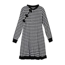 PERHAPS U Women Black And White Pink O Neck Knitted Long Sleeve Buttun A Line Elegant Mini Dress Female Plaid D2050 210529