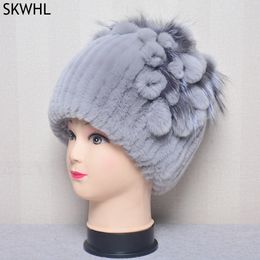 Natural Rex Rabbit Fur Flowers Hat Women Winter Warm Handmade Knit 100% Real Caps Lady With Fox Fur Beanies Hats