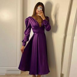 Purple Prom Gown High Waist Sexy V-neck Long Sleeve Party Dress vestidos de coctail Custom Made