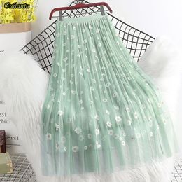 Guilantu Summer Print Floral Tulle Long Skirt Women Fashion High Waist Vintage Mesh Pleated Length Skirts Casual Elastic Waist 210309