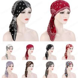 Muslim Women Hijab Pre-Tied Flower Printed Long Tail Hair Loss Head Scarf Head Wrap Stretch Turban Cancer Cover Hat Chemo Caps