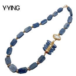 Y·YING 21" Natural Blue Kyanite rectangle gold Colour plated White Biwa Pearl choker Necklace vintage fo women