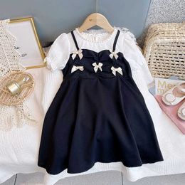 Fashion Girl Dress Short Sleeve Dress with Bow Baby Girl Clothing Princess Dress Korean Style Vestidos Para Ninas 210715