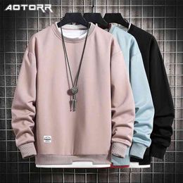 Autumn Casual Sweatshirt Men Fashion Solid Colour O-neck Pullover Fake 2 Pieces of Harajuku Long-sleeved Hoodies Mens Multicolor 210819