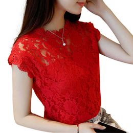 M-5XL Hollow Out Lace Blouse Elegant Shirt Ladies Tops Crochet Short Sleeve Bottoming Shirt Blouses DF1591 210609