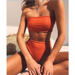 High Leg Bandeau bikini set Swimwear female two pieces swimsuit Waist Bikini Women Bathing Suit biquini 210722