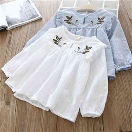 Spring kids girls clothes fashion embroidery flower girls shirts long sleeve draped tops girl clothing children white top shirt 210713