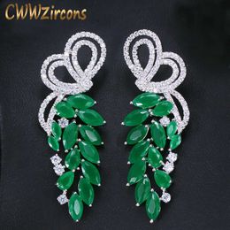 Elegant Leaf Shape Micro Pave Cubic Zirconia and Green Crystal Silver Colour Long Drop Costume Earring for Women CZ268 210714