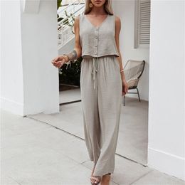 DAILOU Fashion Women 2 pieces Sets Summer Vest Set Casual Solid Loose Wide Leg Trousers Tracksuit leisure 220315