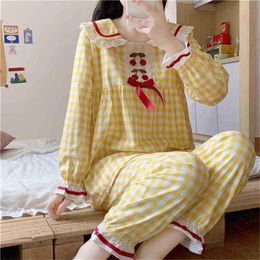 Chic Sweet Cherries Oversize Loose Suits Bow Embroidery Women All Match Homewear Casual Pajamas Sets 210525