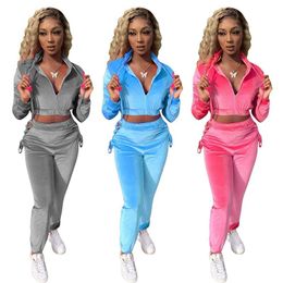 Women's Two Piece Pants Sexy Velvet Set Long Sleeve Crop Hoodies Bandage Side Hollow Pencil Fall Winter Clothes Women Outfits