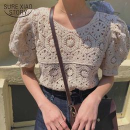 Spring and Summer Hollow Out Sexy O-neck Short Sleeve Women Tops Solid Cotton Sweet Puff Sleeve Knitted Shirt Women 210527