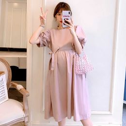 2021 Pregnant Women Summer Dress Fashion Loose O-Neck High Waist Puff Sleeve Maternity Cotton Linen Dress Pink Pregnancy Clothes Y0924