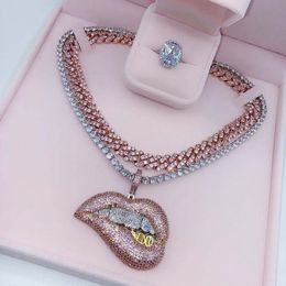 2021 Hiphop Iced Out Bling Clear Pink 5A Cubic Zirconia Big Drip Lip Pendant Necklace for Women Fashion Party Jewellery Wholesale