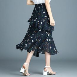 Skirts Green Flowers Midi Womens Clothes Summer Women High Waist Floral Print Chiffon Long Korean Fashion Saia