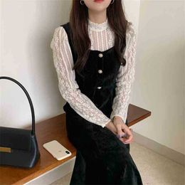 Women Dress Stand Collar Lace Patchwork French Retro Party Gentle Elegant Long Chic Female Fashion Clothe 210525