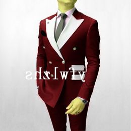 Handsome Double-Breasted Groomsmen Peak Lapel Groom Tuxedos Men Suits Wedding Prom Man Blazer ( Jacket+Pantst+Tie) Y352