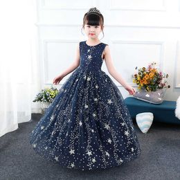 Wedding Tulle Lace Star Long Girls Dress Elegant Formal Kids Dress for Girls Princess dress Teen Children Party Pageant Vestidos Q0716