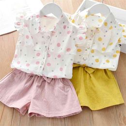 Summer Kids Clothing Polka Dot Cotton Linen Short-Sleeved Suit Children Clothes Baby Girl 210528