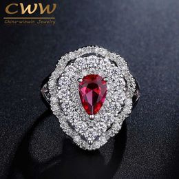 Brand Brilliant CZ Women Jewellery Big Water Drop Rose Red Cubic Zirconia Female Ring For Wedding Party R102 210714