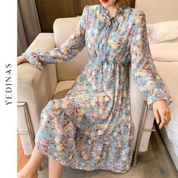 Yedinas Spring Floral Print Women Dress Lace Up Female Pleated Autumn Long es Elegant Stand Collar Chiffon Vestidos 210527