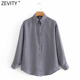 Zevity Spring Women Vintage Houndstooth Print Business Smock Blouse Office Lady Turn Down Collar Shirts Chic Blusas Tops LS7451 210603