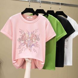 Cotton T Shirt Women Short Sleeve O-Neck Summer Tops Fashion T-Shirt Woman Clothes Diamond Tshirt Tee Shirt Femme 210604