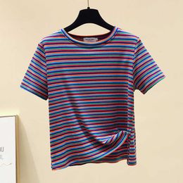 Summer Cotton Striped Harajuku O-Neck Tshirts Short Sleeve Casual T-Shirt Women Oversized Tee Shirt Femme 210604