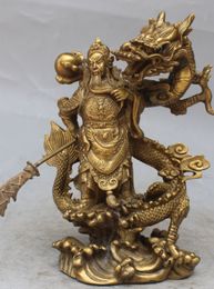 Cinese Fengshui Bronze Guan Gong Yu Guerriero God God Sword Stand in Dragon Statue