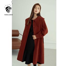 FANSILANEN 100% Wool christmas coat Women turn down collar oversized long jacket Wram cashmere vintage female 210607