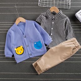 Clothing Sets 0-4Y Gentleman Infant Kids Boys Clothes Long Sleeve Plaid Shirts Tops Sweater Coat Denim Pants 3pcs