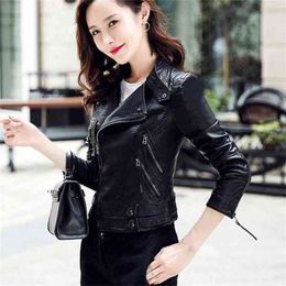 Women Moto Biker Leather Jacket Turn Down Collar Zipper Short Coats Spring Autumn Ladies Pu Outwear Clothing 210525